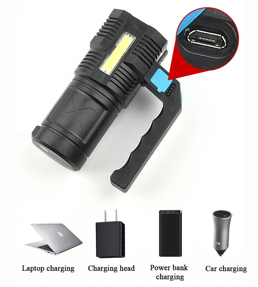 LED Flashlight USB Rechargeable Torch COB Spotlight Camping Light Emergency Lamp 4 Modes Waterproof Work Light