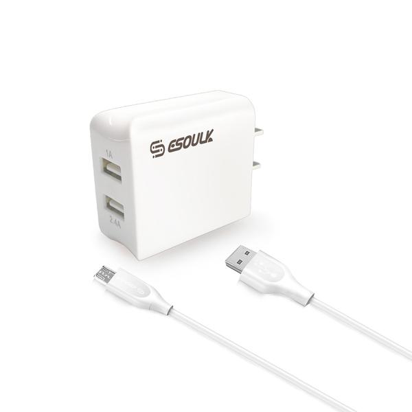 Esoulk 12W 2.4A Dual USB Travel Wall Charger With 5FT Micro USB Charging Cable