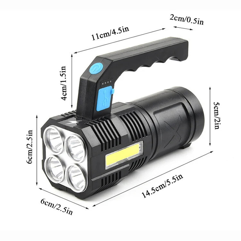 LED Flashlight USB Rechargeable Torch COB Spotlight Camping Light Emergency Lamp 4 Modes Waterproof Work Light