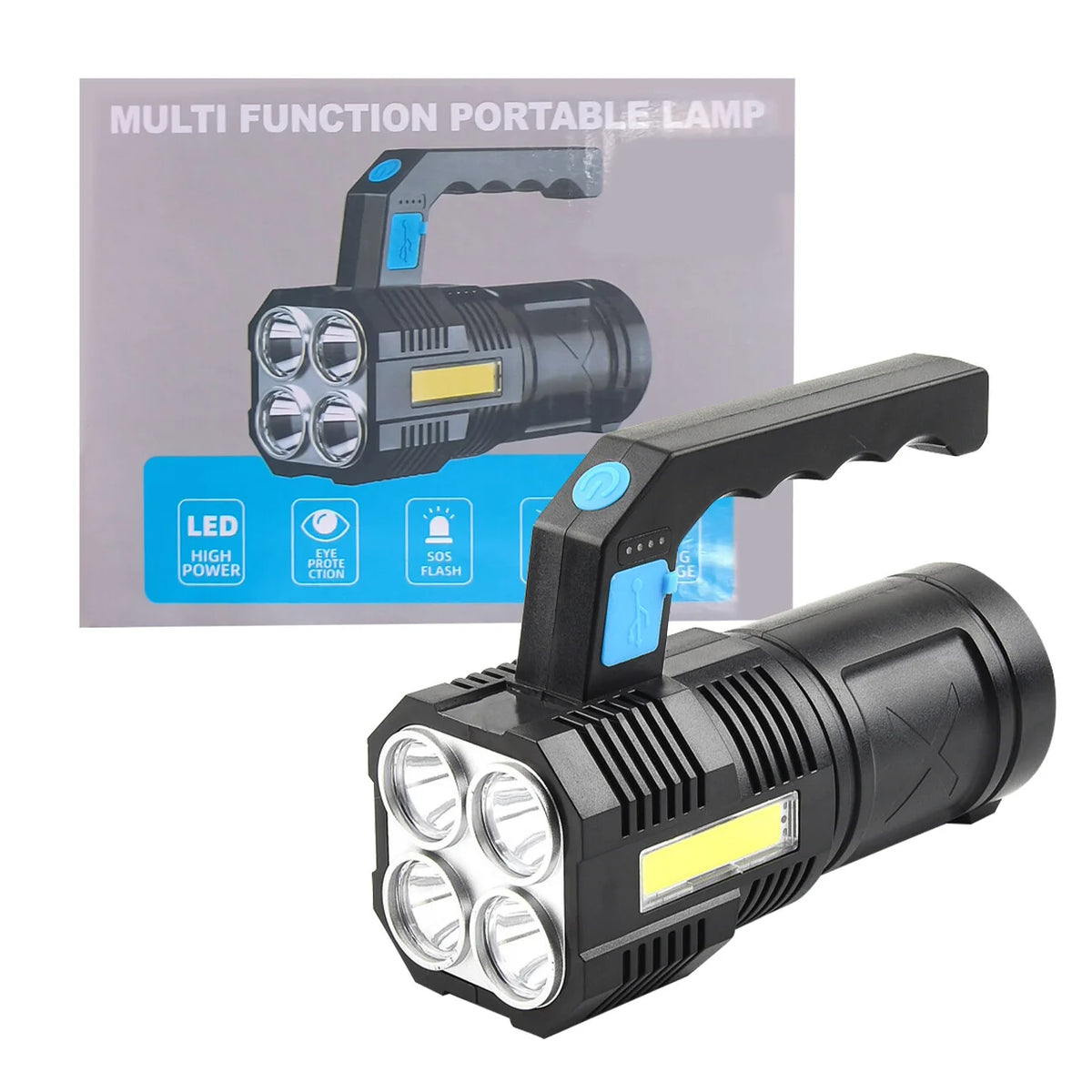 LED Flashlight USB Rechargeable Torch COB Spotlight Camping Light Emergency Lamp 4 Modes Waterproof Work Light