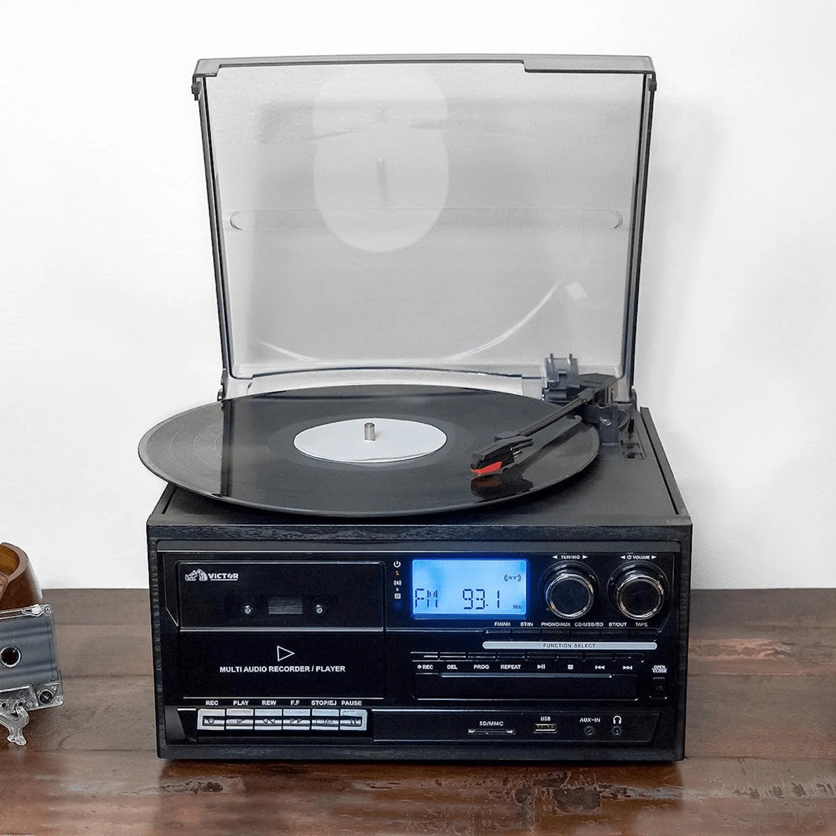Victor Cosmopolitan 8-In-1 Turntable Music Center with Bluetooth, USB & Cassette