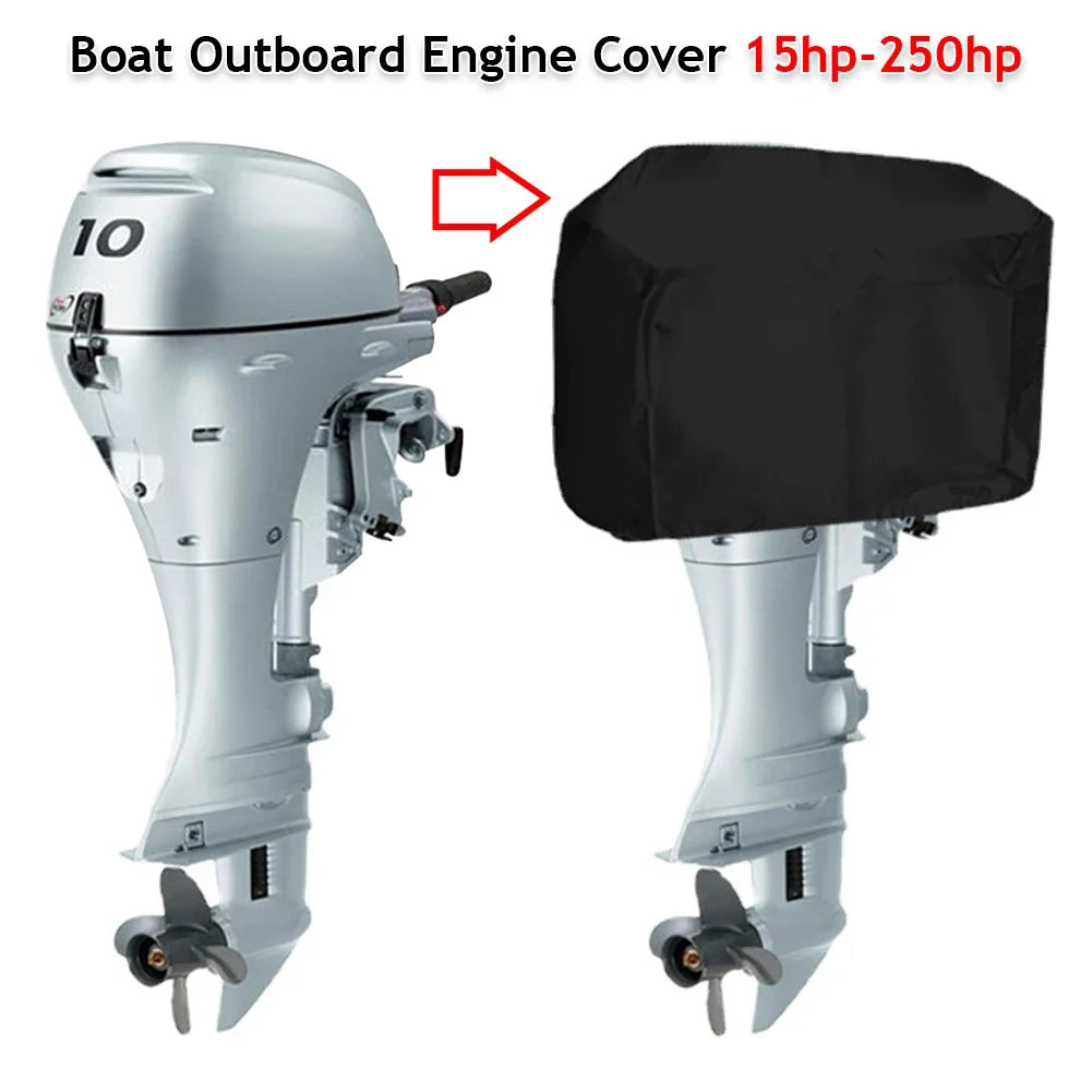 15-250HP Full Outboard Motor Engine Boat Cover 210D Waterproof Anti-Scratch Heavy Duty Engine Protector Motor Black Boat Fabric