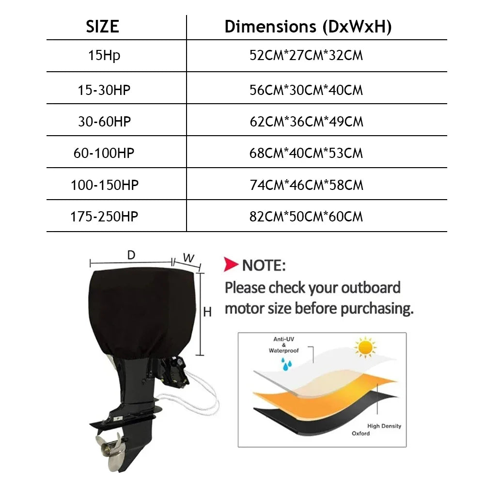 15-250HP Full Outboard Motor Engine Boat Cover 210D Waterproof Anti-Scratch Heavy Duty Engine Protector Motor Black Boat Fabric