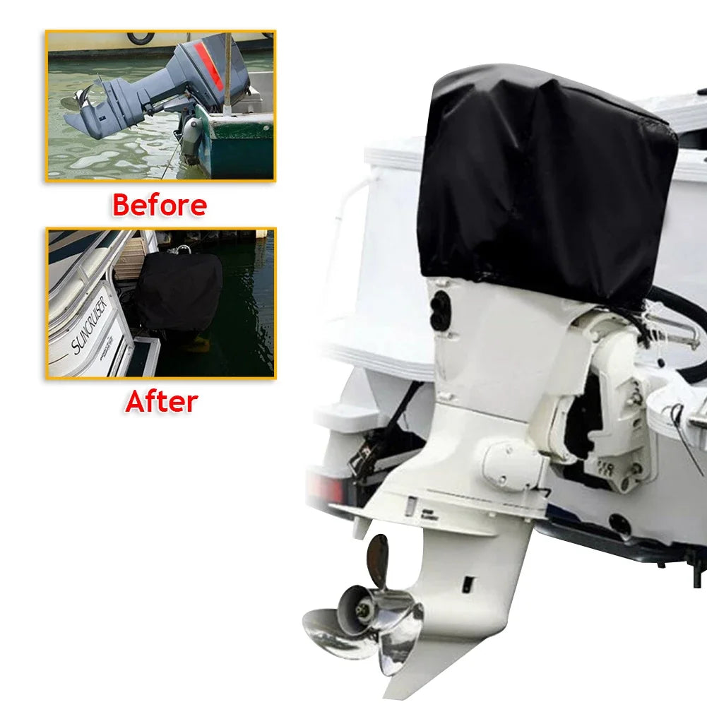15-250HP Full Outboard Motor Engine Boat Cover 210D Waterproof Anti-Scratch Heavy Duty Engine Protector Motor Black Boat Fabric