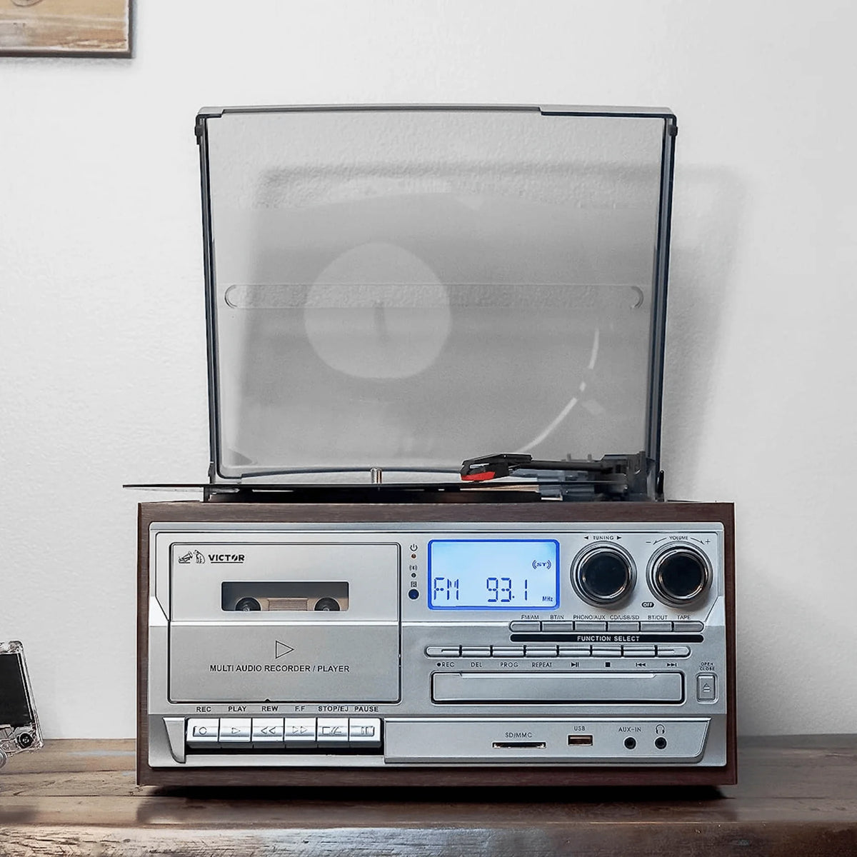 Victor Cosmopolitan 8-In-1 Turntable Music Center with Bluetooth, USB & Cassette